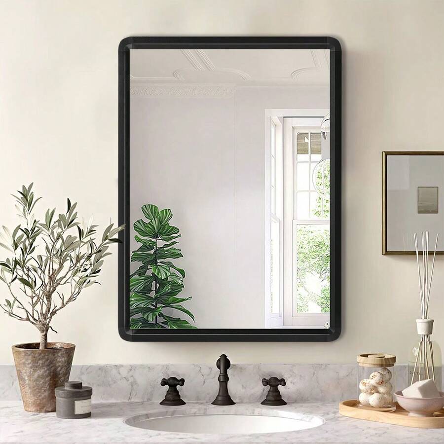 LIVINGANDHOME Living And Home Rectangular Wall Mirror - Rustproof Aluminum Frame With Anti-Fog Glass (Black) - Black (50*70cm) - View 1