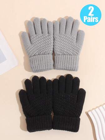 2 pares de luvas quentes de malha para crianças, luvas jacquard à prova de vento e frio para ciclismo ao ar livre