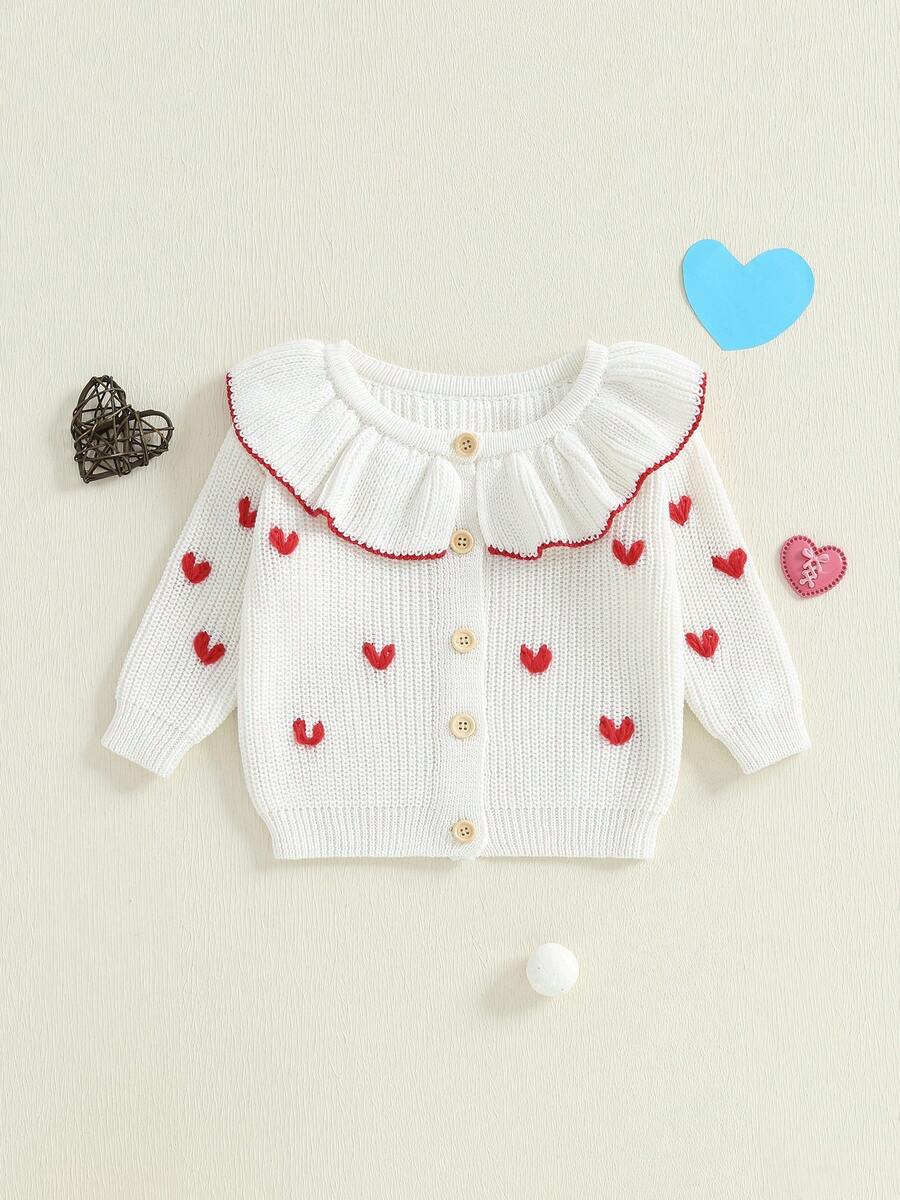 Suéter tipo cárdigan para bebé niña recién nacida, con bordado de corazón, de manga larga y botones, de punto - Blanco - Ver 1