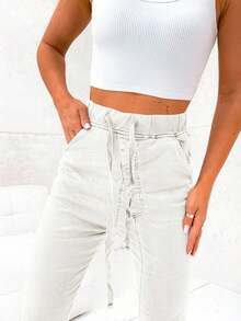 女士高弹力裤，宽松抽绳裤，柔软哈伦裤，舒适度假装，适合春、秋、夏四季穿着 - 白色 - 查看 2