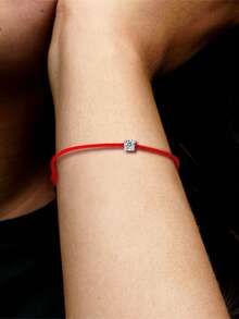 HuooNew 1条925纯银手链，镶嵌锆石，红色绳编，长度可调节，适合日常佩戴和生日礼物 - 紅色 - 查看 5