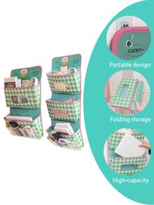 1pc Pink/Green Cartoon Pattern Fabric Two-Layer/Three-Layer Wall Mounted Large Capacity Storage Bag, With Pockets And A Storage Basket With Adhesive Hooks, Flexible And Convenient Wall Mounted Storage Bag,Bedroom Room Decor,Back To School - Multicolor - View 2