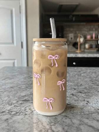 1 pièce Tasse à café transparente de 16 oz avec design nœud papillon, livrée avec couvercle et paille en bambou, grande capacité, tasse à boisson/jus portable pour l'extérieur, convient pour l'été et l'hiver, cadeau pour anniversaire/fête, cadeau de Noël Bouteille d'eau en verre