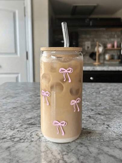 1pc 16oz Transparent Coffee Cup With Bowknot Design, Comes With Bamboo Lid And Straw, Large Capacity Outdoor Travel Portable Beverage/Juice Cup, Suitable For Summer & Winter, Birthday/Holiday Party Gift, Christmas Gift Glass Water Bottle