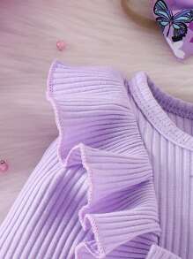 Baby Girl 2pcs Set Sweet Butterfly & Flower Print Ruffle Hem Long Sleeve Bodysuit Dress With Bow Hair Tie - Purple - View 5