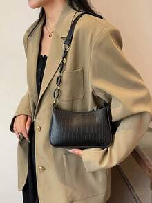 女士简约时尚高端设计鳄鱼压纹绗缝迷你单肩包 - 黑色 - 查看 7