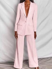 Women's Solid Color Single-Breasted Long Sleeve Blazer And Pants Set - Baby Pink - View 2