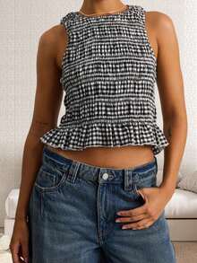 Women's Summer Ruched Vests Sleeveless O Neck Solid Color/Plaid Peplum Tank Tops - Multicolor - View 1