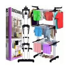 SUSZARKA DO PRANIA DUŻA XXL NA UBRANIA I BIELIZNĘ STOJĄCA SKŁADANA CZARNO-niebieski balkon, pralnia, wolnostojąca pionowa 'Suszarka do ubrań, składana suszarka do ubrań ze stali nierdzewnej, mobilna suszarka do ubrań, z 4 kółkami, drążki do suszenia ubrań, ubrania, suszarka' 4-poziomowa, na kółkach, regulacja szerokości, składane skrzydła, suszarka do ubrań, wieszak na ubrania.