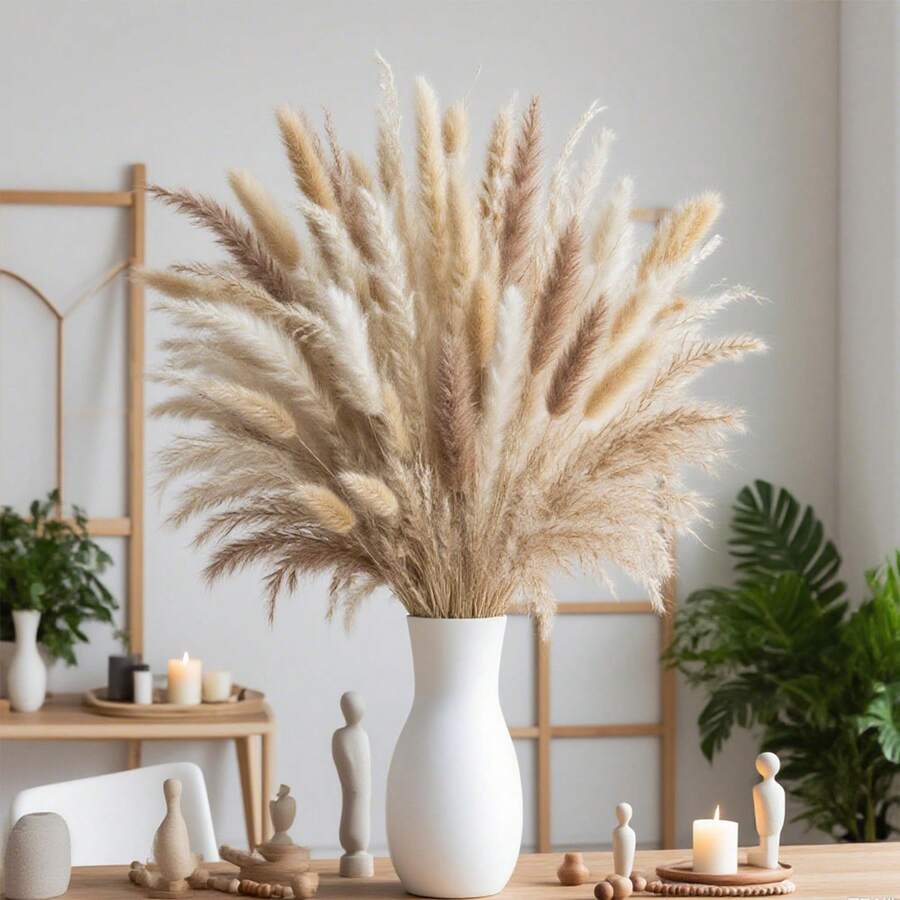 Fluffy Pampas Grass Flower Bouquet,  Decorations For Home ,Outdoor Decor ,Dry Pampas Grass,Jumbo Size Dried Pampas Grass Bundle With Tall Floor Vase - Statement Boho Chic Living Room Decor - Neutral Beige Cream Color Palette For Calming Aesthetic - Easy Assembly No Maintenance Required - Perfect For Apartment Decor Bedroom Styling Or Wedding Venue Decoration - 白色 - 查看 1