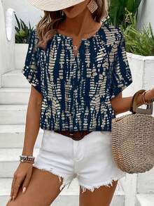 Plus Size Women Casual V-Neck Short Sleeve Allover Print Shirt Vacation - Navy - View 5