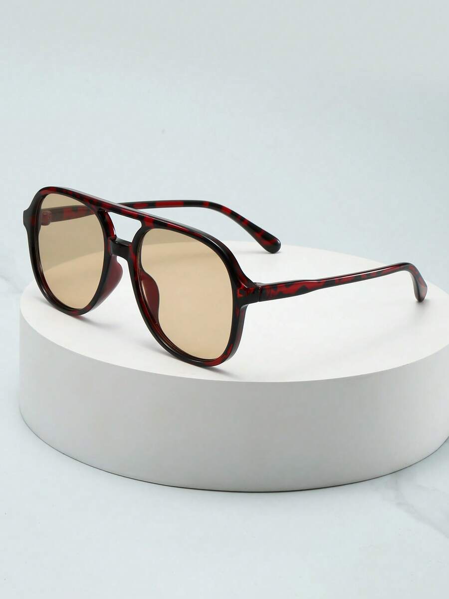 1pc Unisex Double Bridge Large Frame High Quality Minimalist Fashion Glasses, Suitable For Travel, Vacation, Casual, Party, And Daily Wear - Red Tortoise Shell Frame Tea - View 1