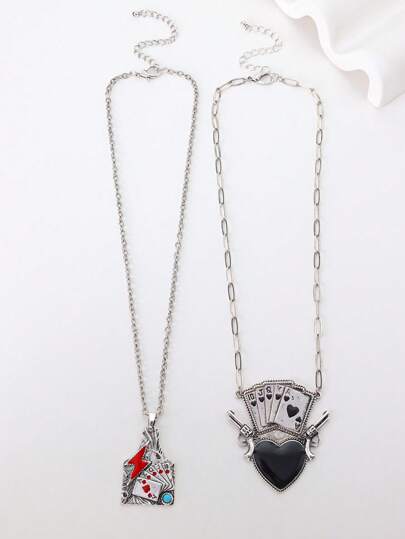 1pc Vintage Enamel Poker Straight Flush Design Pendant Necklace, Unisex