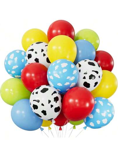16/50pcs Red, Yellow, Blue Balloons, 10inch/12inch Red, Yellow, Blue Balloons, Paired With Sky Blue, Lemon Green, Cloud & Cow Print Balloons, Colorful Latex Balloons Suitable For Birthday, Carnival, Wedding, Baby Shower, Gender Reveal, Bachelor/Bachelorette Party, Celebration