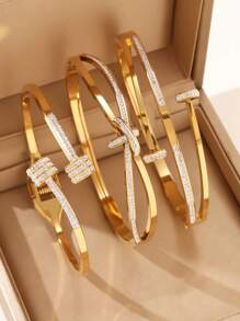 3 قطع / 1 قطعة سوار مطلي بالذهب الأصفر عيار 18 قيراط من الفولاذ المقاوم للصدأ على شكل رباعي ورقة البرسيم، مناسب للحفلات والاستخدام اليومي للنساء، بأسلوب أوروبي وأمريكي، شخصي، سخي، سوار فاخر مرصع بالزركونيا المكعبة، طقم مجوهرات زفاف، هدية للبنات والنساء والأقارب والأصدقاء، للزفاف والعيد والعيد الحب