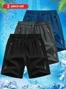 3 pares de pantalones cortos holgados y deportivos para hombre, de secado rápido, con diseño de tira reflectante, bolsillo, cremallera y cordón en la cintura, adecuados para fitness, running y actividades al aire libre.