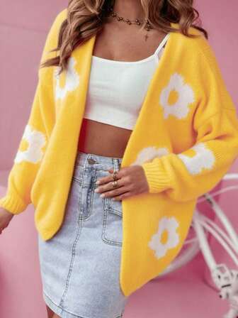 Höst/vinter Nya Dam Casual Mode Enfärgat Blommigt Tryck Stickad Långärmad Kofta, Kontrastfärgat Blommönster Söt Knäppt Kofta