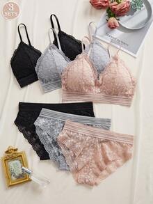 3 SETS French V-Shaped Solid Color Lace Flower Detachable Chest Pad Bra, Wireless Soft Cup Breathable Multicolor Bra & Panties Underwear Set Lingerie Set