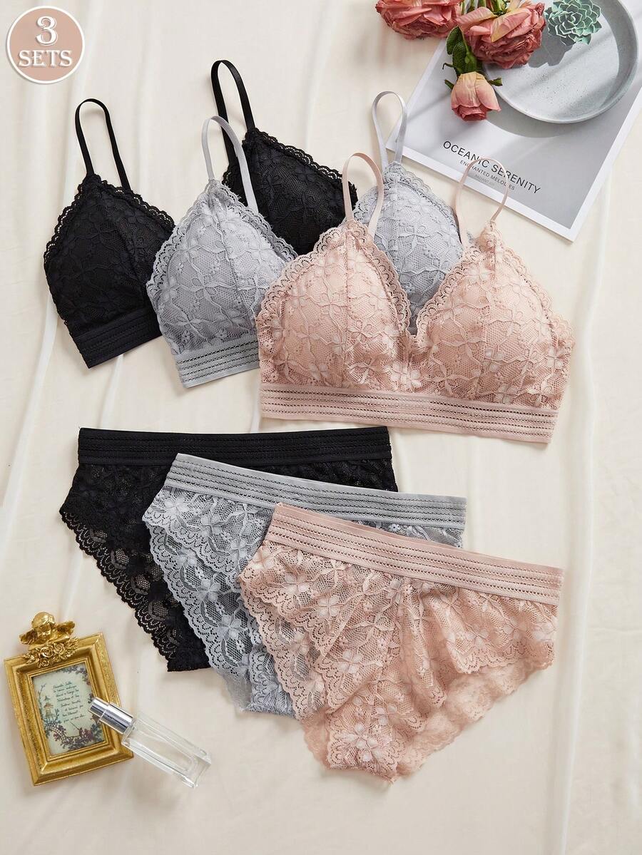 3pcs/Set French V-Neck Solid Color Lace Floral Detachable Padded Bra, Wireless Soft Cup Breathable Bra & Panty Set, Multi-Color - Multicolor - View 1