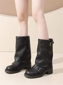 女士时尚圆头简约复古一脚蹬粗跟带扣装饰踝靴