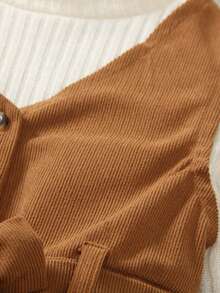 4pcs Girls Autumn Maillard Color New Cute 3D Flower Decor Long Sleeve Small Stand Collar Apricot T-Shirt Top And Corduroy Button Full Front Opening V-Neck Sleeveless Vest Dress And Brown Hat And Belt Back To School - Brown - View 6
