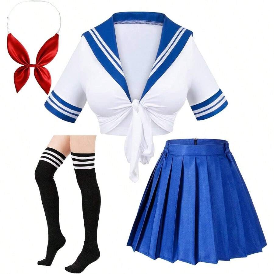 Japanese Anime Schoolgirl Classic Sailor JK Harajuku Crop Top Tie Up Pleated Skirt Uniform Seifuku Socks Bow Set - 白色 - 查看 1
