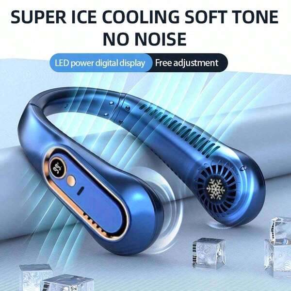 Quạt đeo cổ mới, quạt đeo cổ không cánh di động, quạt nhỏ gọn thế hệ thứ 5 sạc USB, cửa thoát khí xoáy, 5 tốc độ điều chỉnh, màn hình LED kỹ thuật số.