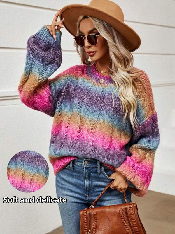 Gradual Color Design Sense Round Neck Sweater For Women In Autumn And Winter, New Loose, Westernized, Short, Fried Dough Twists Knitwear Fashion---