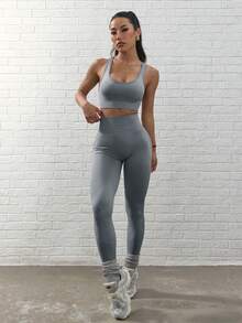 无缝瑜伽基本款运动背心和紧身裤 - 淺灰色 - 查看 5