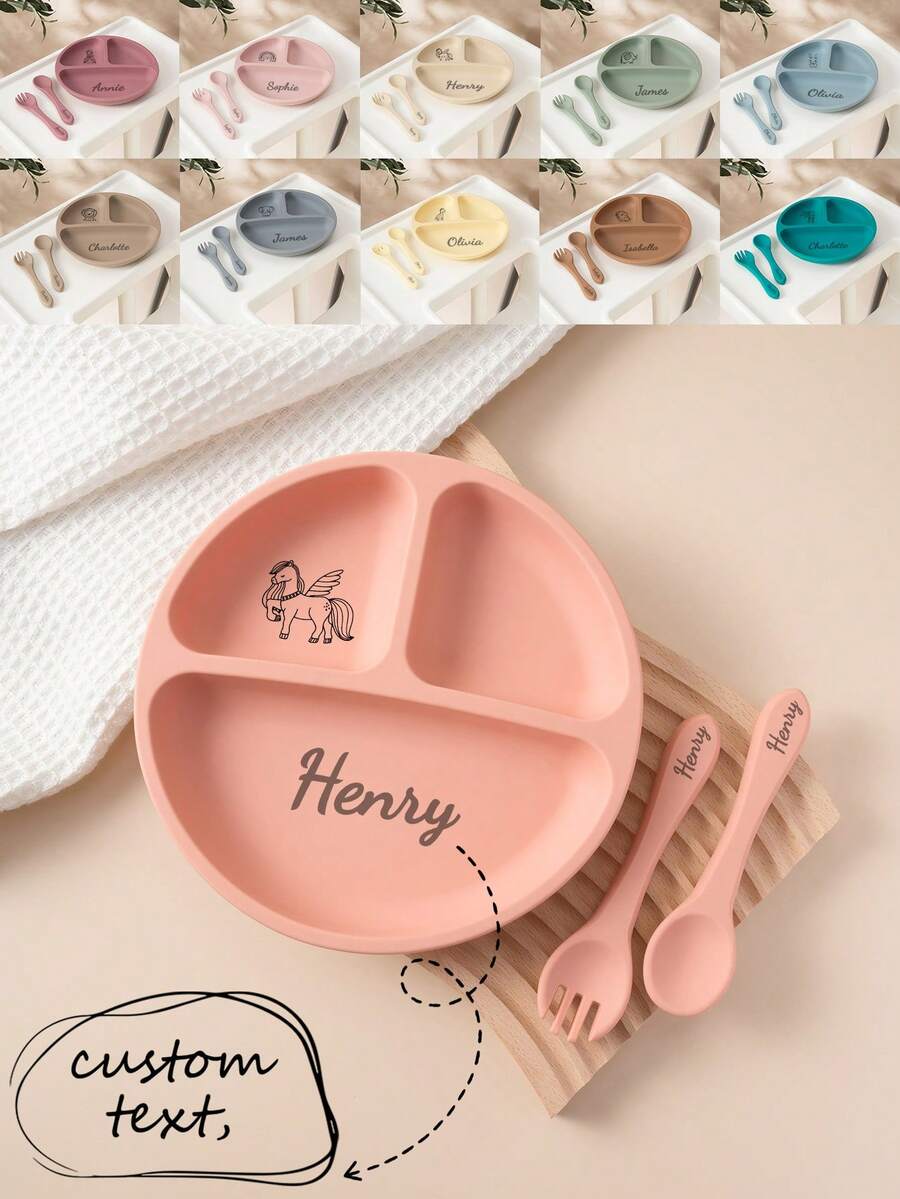 3PCS Personalized Customization Name Pattern Baby Food Storage Portable Fork Spoon Print On Demand Silicone Baby Dishes Custom Suction Dining Plate,Chic Autumn,Kids,Customized Kids Tableware - Multicolor - View 1
