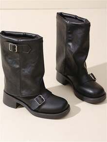 女士时尚圆头简约复古一脚蹬粗跟带扣装饰踝靴