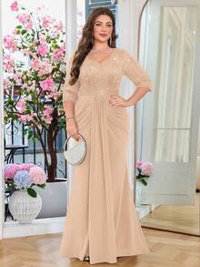 Vestido formal elegante com lantejoulas contrastantes, renda floral, franzido e drapeado na frente, para festa noturna, vestido de outono, vestido de baile para convidada de casamento, para formatura, jantar, festivais