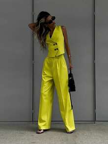 Conjunto de chaleco y pantalones elegante y casual de estilo retro para mujer, adecuado para uso diario y trabajo, conjunto amarillo, atuendo de trabajo para maestros - Amarillo - Ver 2