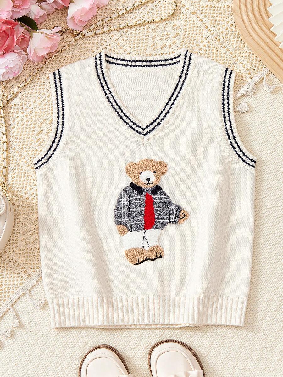 Boys' Casual Bear Embroidery V-Neck Sleeveless Knitted Vest, Versatile School Style Warm Pullover Waistcoat For Kids, Autumn/Winter - Apricot - View 1