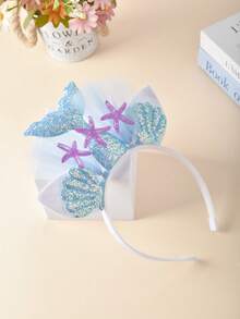 1pc Mermaid Themed Headband With Tulle, Starfish & Shell Decor, Suitable For Party Costume - Blue - View 3