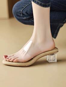 Comfortable Thick Sole Transparent Crystal Strap Sandals, Women Summer Outdoor Slide Slippers, Plus Size Chunky High Heel Shoes - Apricot - View 5
