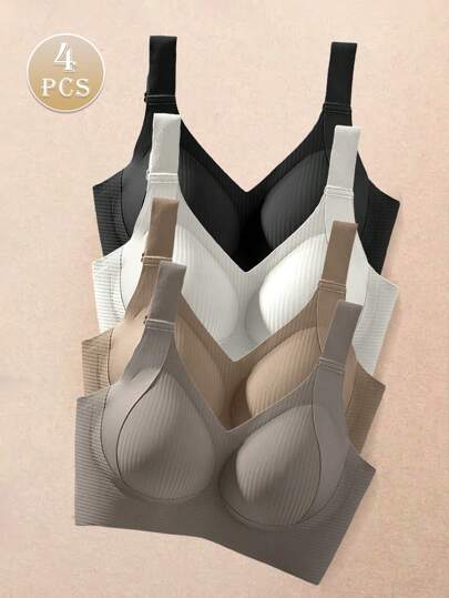 4PCS EssElegance Push-Up Seamless Bra Set - Adjustable Straps & Wire-Free Support For Daily Wear, Ultra-Soft Breathable Fabric