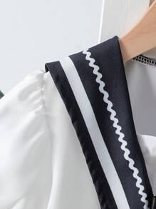 2 Peças Conjunto Camisa com Gola de Marinheiro Listrada e Saia para Meninas Pré-Adolescentes, Conjunto de Roupa Casual Fofa Estilo Escolar