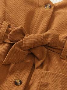 4pcs Girls Autumn Maillard Color New Cute 3D Flower Decor Long Sleeve Small Stand Collar Apricot T-Shirt Top And Corduroy Button Full Front Opening V-Neck Sleeveless Vest Dress And Brown Hat And Belt Back To School - Brown - View 8
