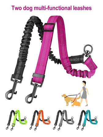 1 pezzo Guinzaglio doppio per animali domestici, connettore per due cani, utilizzabile anche come cintura per auto, corda elastica stirabile adatta a diverse razze di cani, colori a contrasto