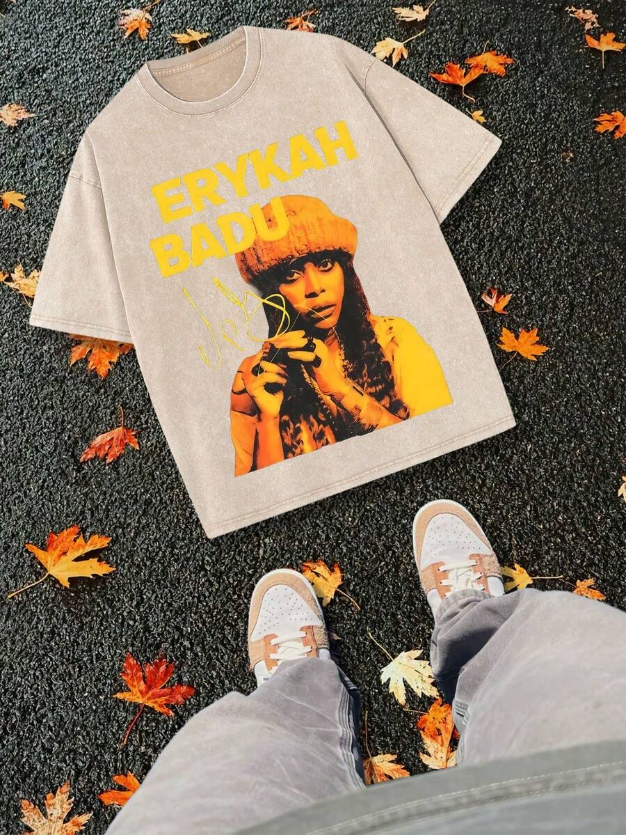 EWH 100% Pure Cotton, Make Old,Retro , Erykah Badu Character Print Vintage Casual Crewneck Top Women's Distressed Cotton T-Shirt,DG004, 230g Round-Neck T-Shirt, Wash Water, Unisex - 杏色 - 查看 1