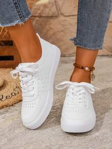 Zapatillas deportivas casuales con suela blanda y cómoda para mujer, con parte superior ligero y cordones, adecuadas para el hogar y todas las estaciones - Blanco - Ver 6