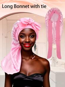 1pc Solid Color Bowknot Braid Bonnet Classic Long Satin Bonnets Soft Sleeping Night Cap Breathable Hair Bonnets For Women Girls