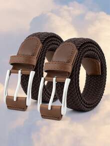2 件复古休闲编织腰带，1.3/0.8 英寸，柔软透气户外时尚百搭腰带，配锌合金扣，弹性织带无孔设计可调节，男女通用