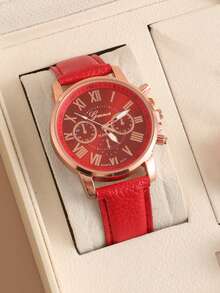 1/14pcs Women's PU Leather Strap Minimalist Three-Eye Roman Scale Dial Quartz Watch Set, Gift For Lover (No Box) - Rose Gold - View 5