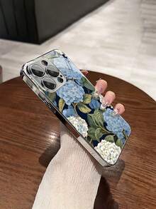 1pc Fashionable Hydrangea Pattern Tempered Glass Material With Built-In Lens Film Electroplated Anti-Fall Scratch-Resistant Anti-Fingerprint TPU Full Edge Soft Phone Case Compatible With Apple Models - Multicolor - View 2