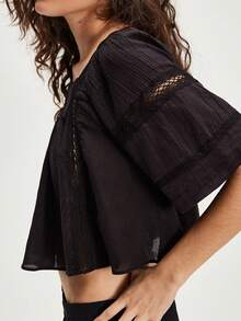 Women Open Back Bow Tie Up Tank Tops Short Sleeve Sheer Lace Patchwork Flowy Peasant Blouse Coquette Backless Beach Cardigan Shirts Y2k Teen Girls Aesthetic Babydoll Peplum Top - Black - View 4