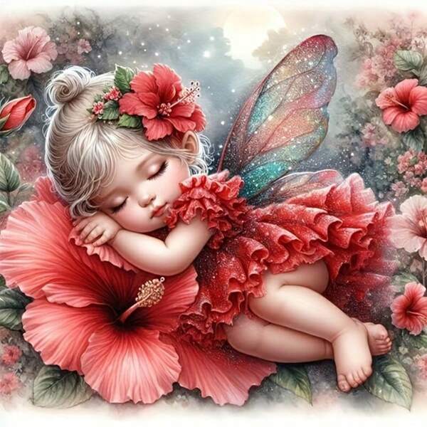 1pc 5D Diamond Painting Kit - Fairy & Red Flower Theme, DIY 5D Round Full Drill Diamond Canvas Art, Home Decor, Frameless