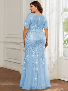 Plus Size Elegant Party Sequin Embroidered Mesh Mermaid Dress - Blue - View 2