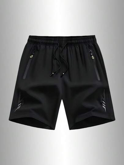 Men's Sporty And Casual Loose Quick-Drying Shorts, With Reflective Strip Design, Pocket, Zipper And Drawstring At The Waist, Suitable For Fitness, Running And Outdoor Activities Black Summer